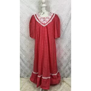 Vintage Prairie Red Lace Puff Sleeves Long Hostess Floral Dress Peasant Size S